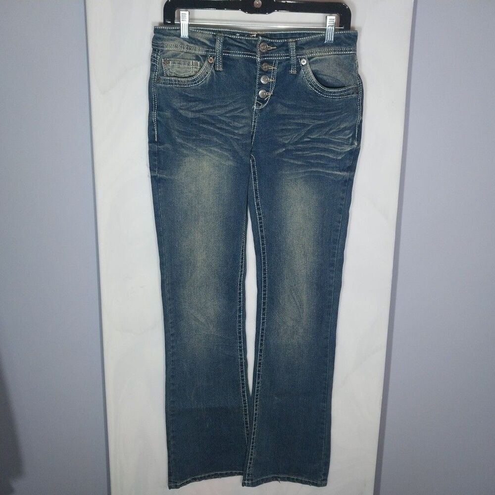 WallFlower Juniors Blue Jeans 11 Mid Rise Straight Leg Button Fly Stretch Ramie